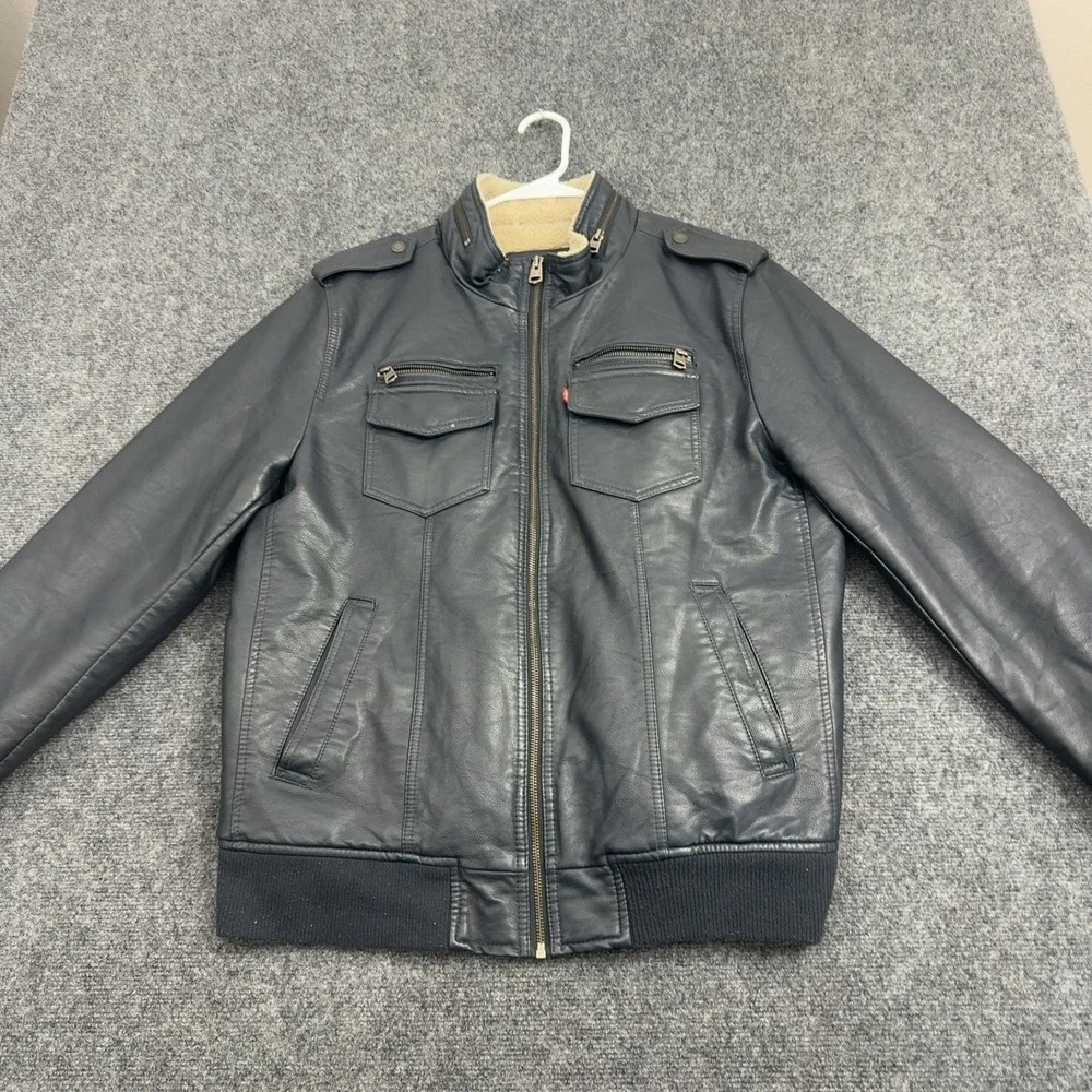 Levis Jacket Mens L Blue Faux Leather Sherpa Lined Bomber Moto Biker Style